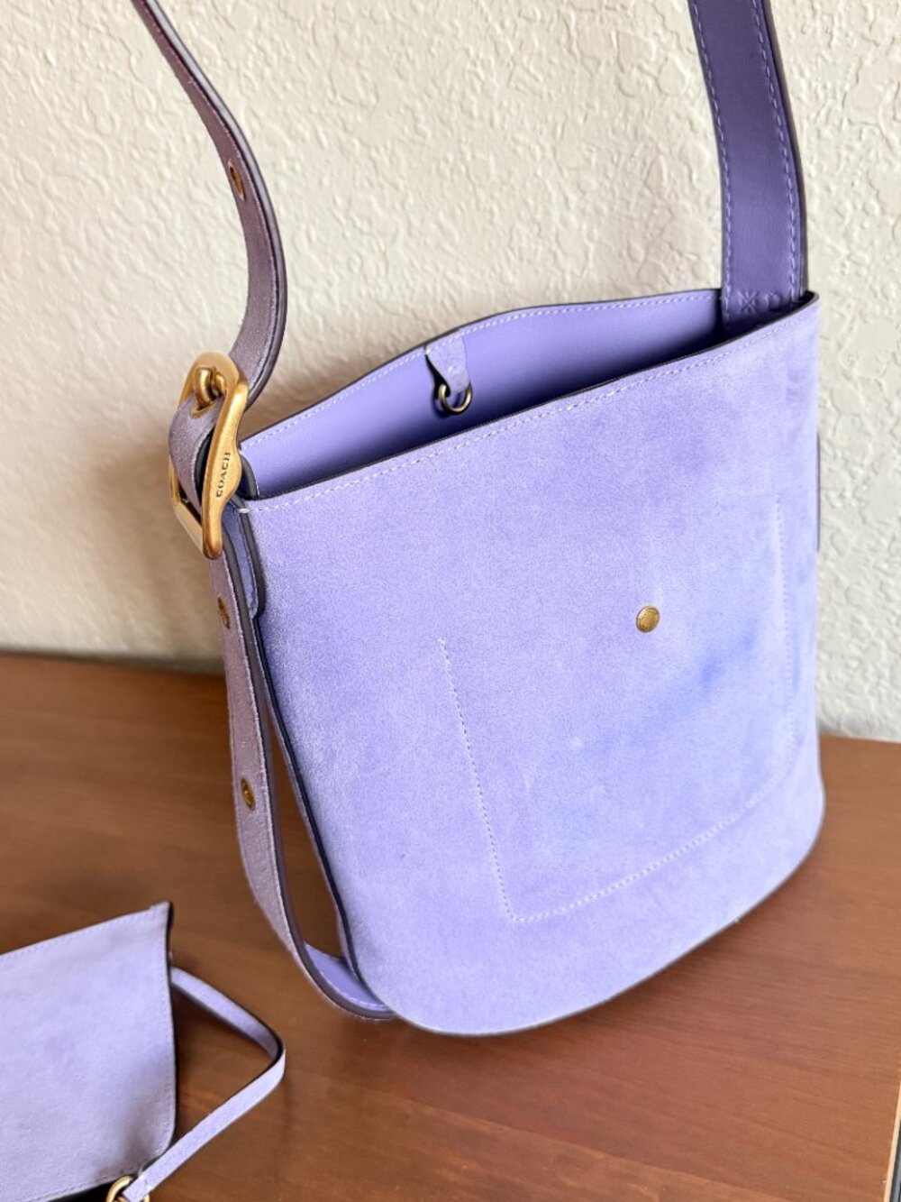 Coach Bleecker Bucket Bag 21 Violet Mist Suede Lavender Brass Removable Pouch - Picture 5 of 14